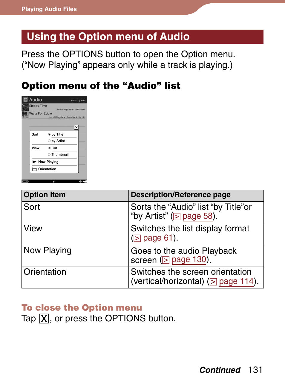 Using the option menu of audio | Sony 4-153-621-13(1) User Manual | Page 131 / 190