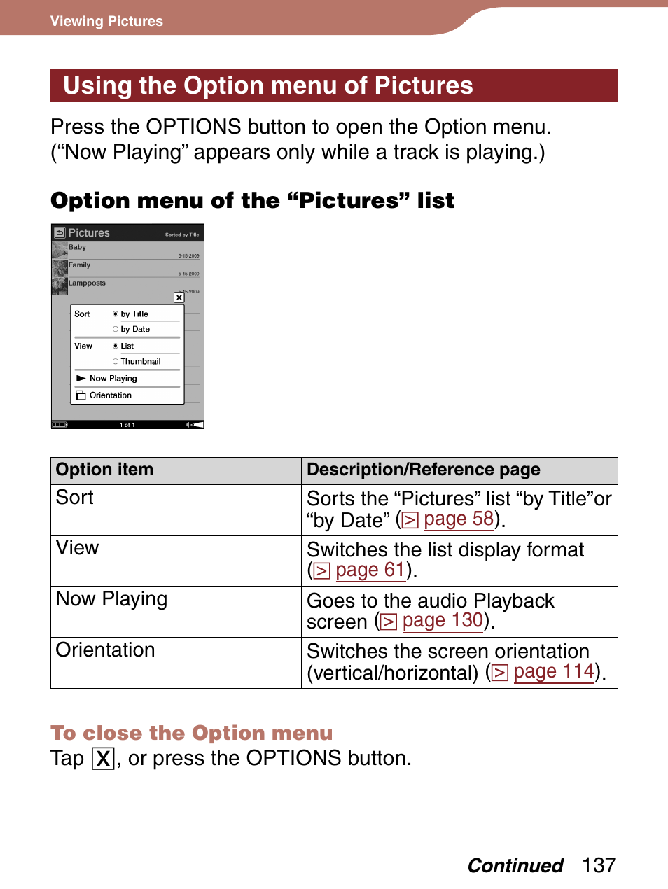 Using the option menu of pictures, Utton | Sony 4-153-621-13(1) User Manual | Page 137 / 190