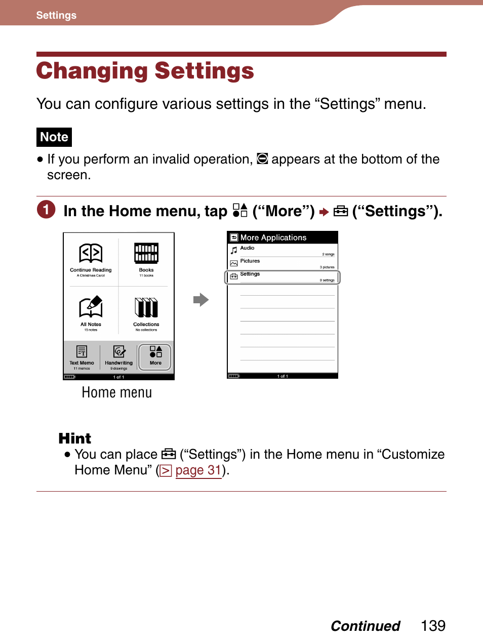 Settings, Changing settings | Sony 4-153-621-13(1) User Manual | Page 139 / 190