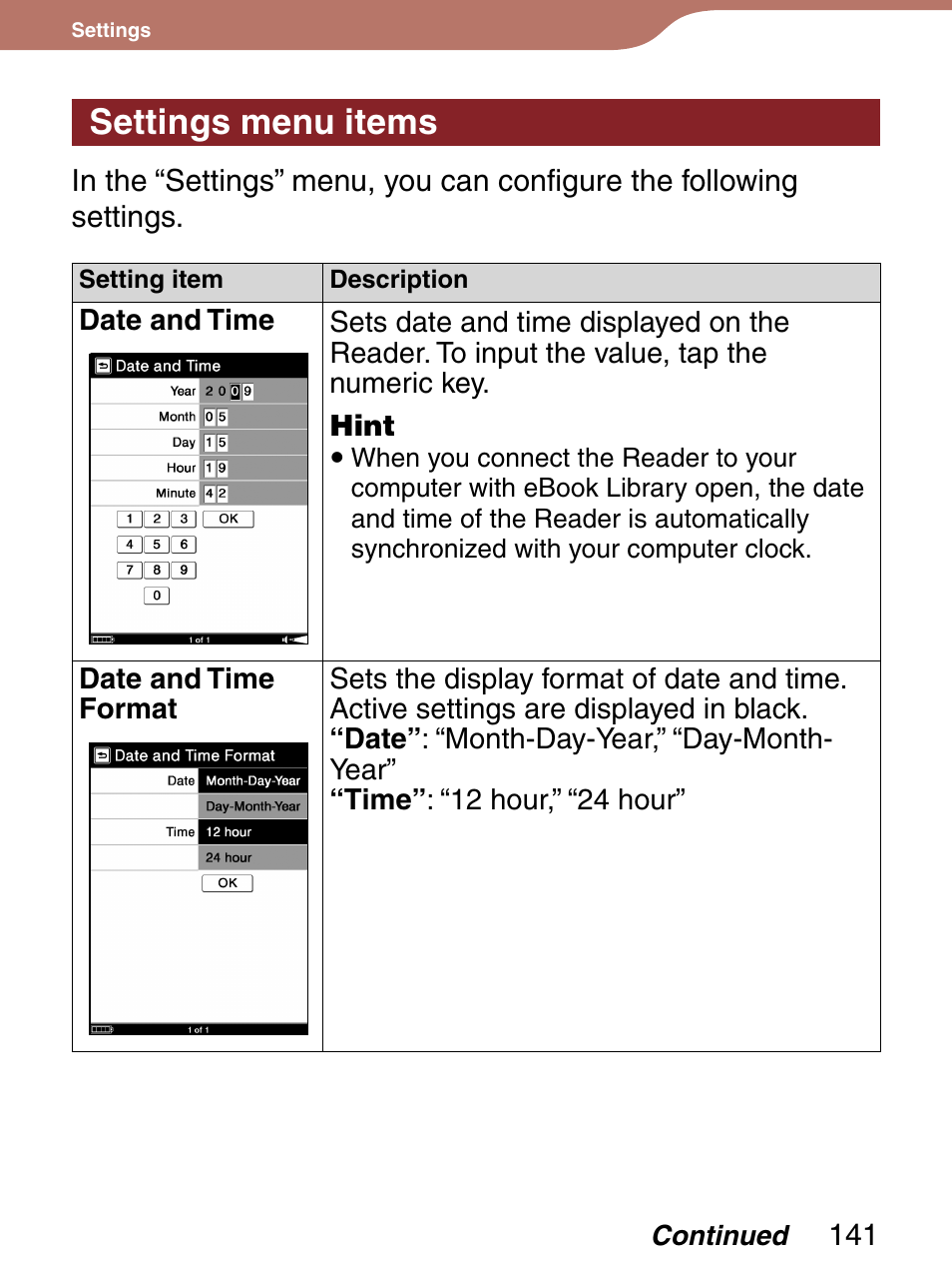 Settings menu items | Sony 4-153-621-13(1) User Manual | Page 141 / 190