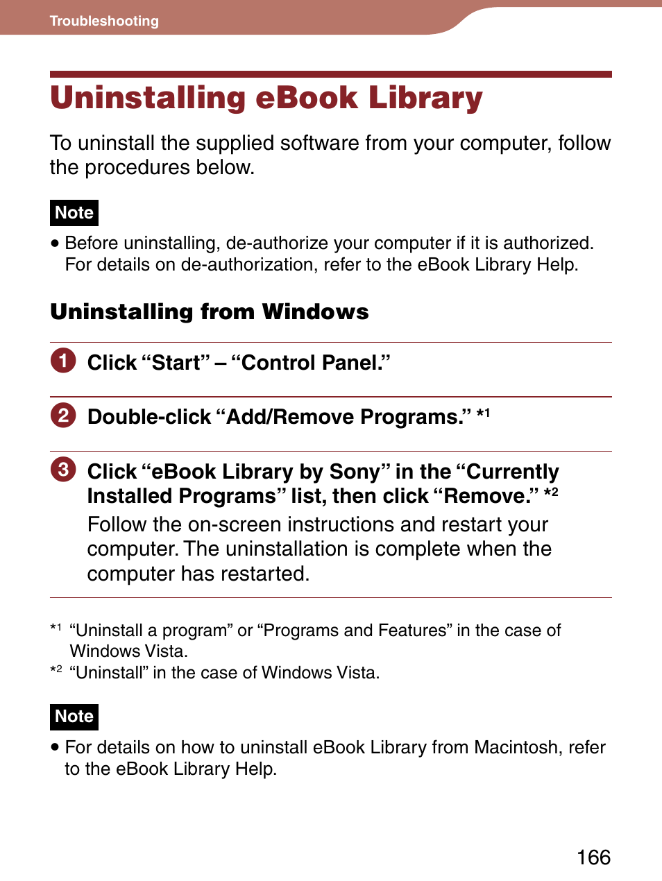 Uninstalling ebook library, Uninstalling from windows | Sony 4-153-621-13(1) User Manual | Page 166 / 190