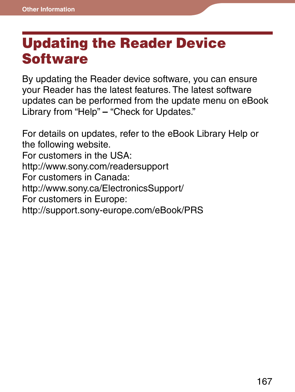 Other information, Updating the reader device software | Sony 4-153-621-13(1) User Manual | Page 167 / 190