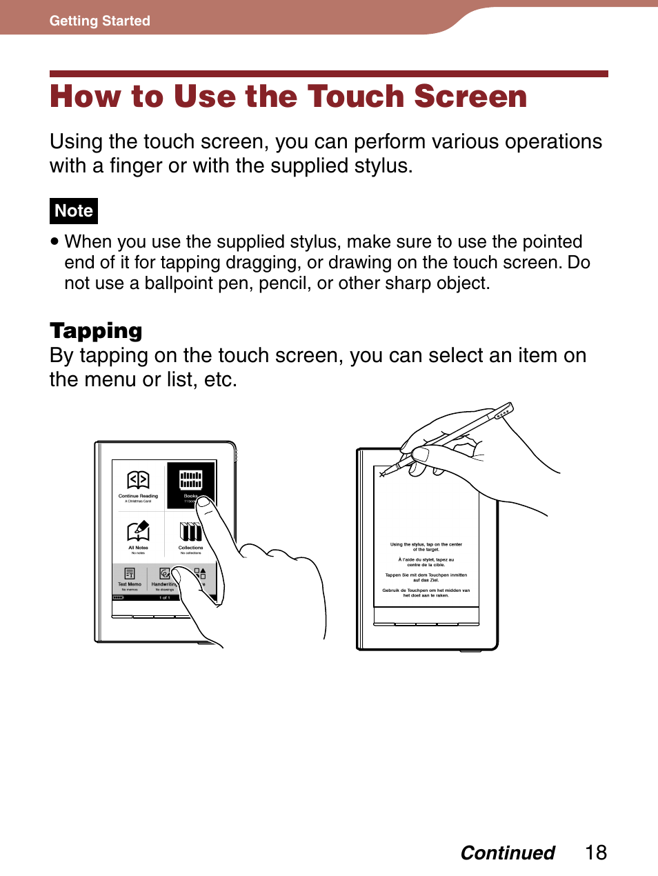 How to use the touch screen, Functions on the reader | Sony 4-153-621-13(1) User Manual | Page 18 / 190