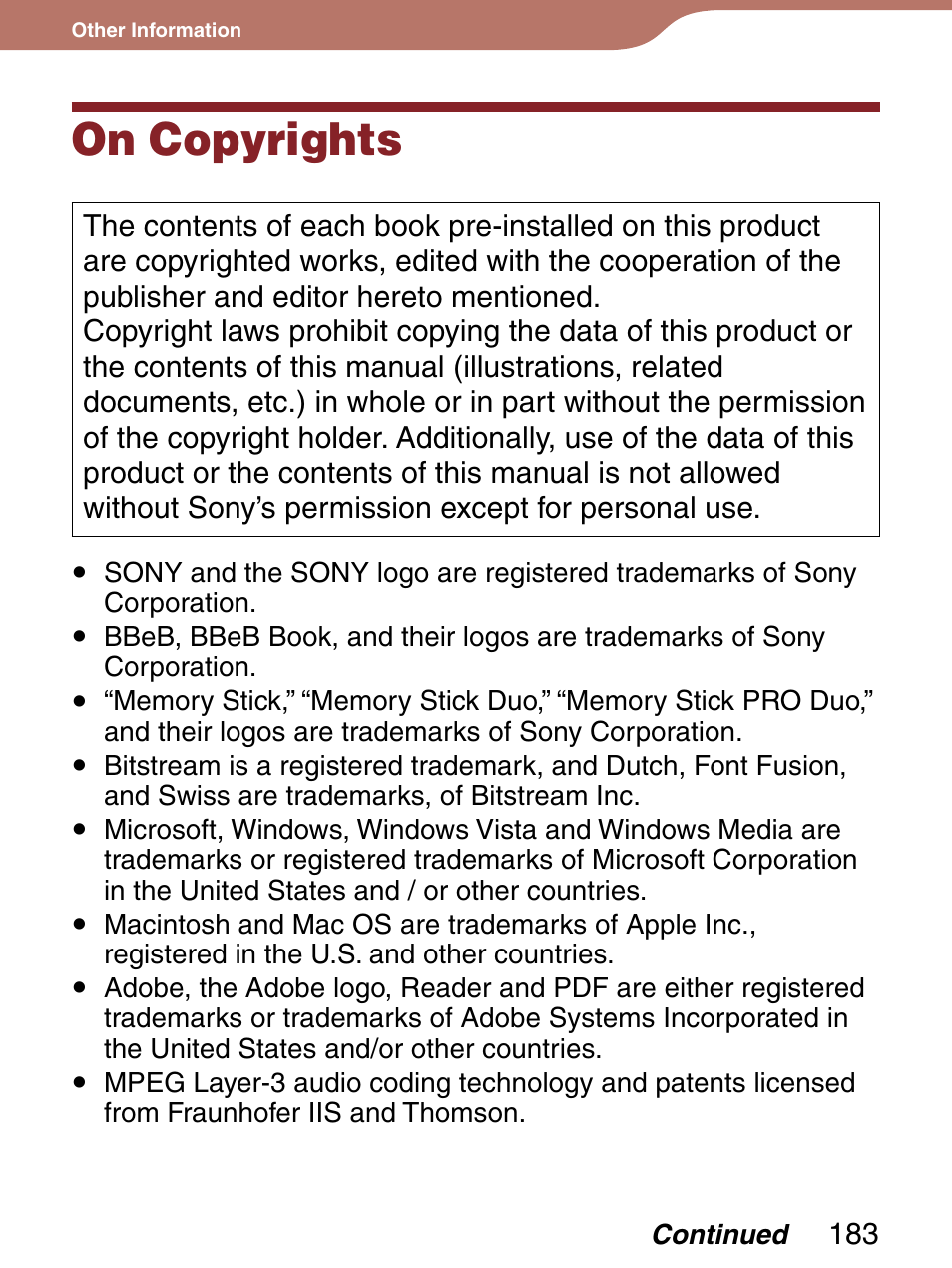 On copyrights | Sony 4-153-621-13(1) User Manual | Page 183 / 190