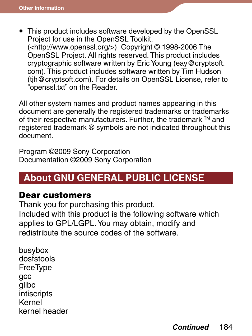 About gnu general public license, Dear customers | Sony 4-153-621-13(1) User Manual | Page 184 / 190