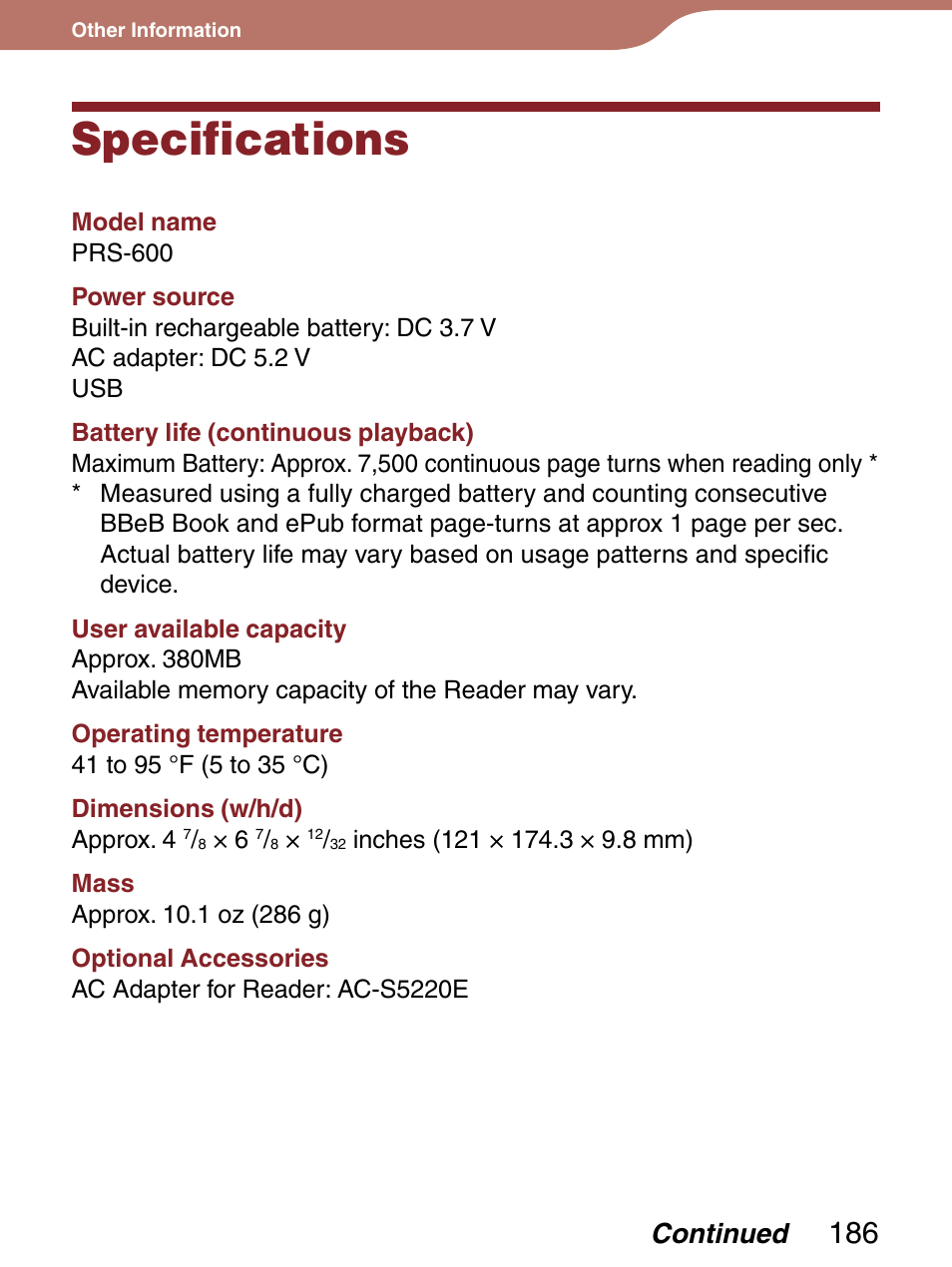 Specifications | Sony 4-153-621-13(1) User Manual | Page 186 / 190