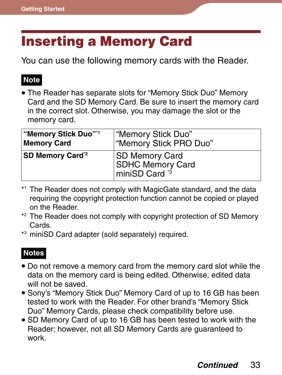 Inserting a memory card, Optional), Y card (optional) | Sony 4-153-621-13(1) User Manual | Page 33 / 190