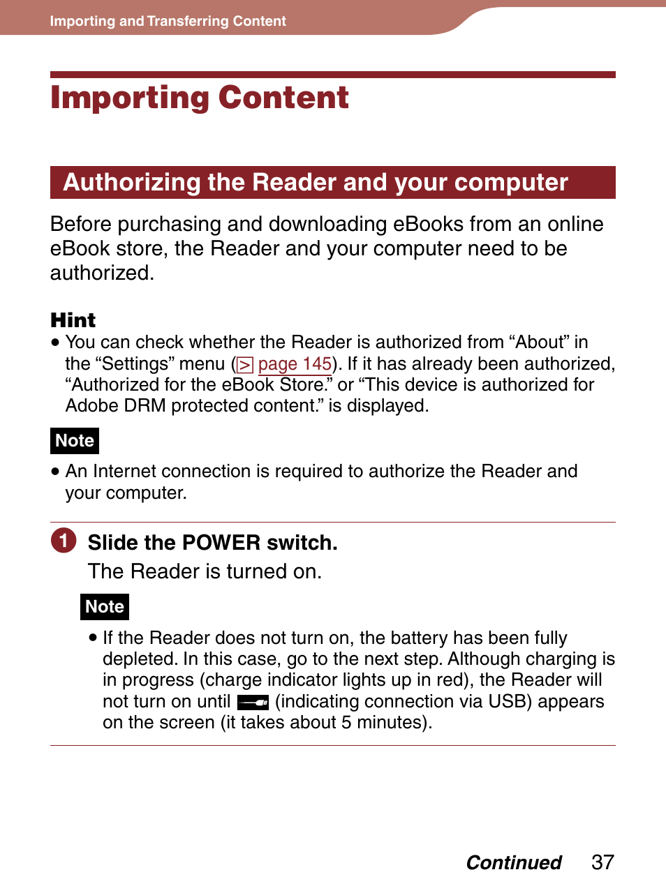 Importing and transferring content, Importing content, Authorizing the reader and your computer | Sony 4-153-621-13(1) User Manual | Page 37 / 190