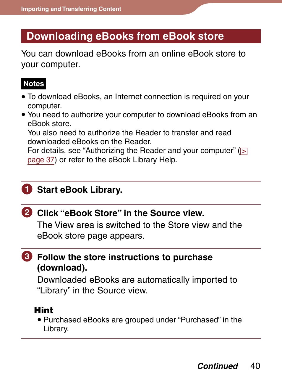 Downloading ebooks from ebook store | Sony 4-153-621-13(1) User Manual | Page 40 / 190