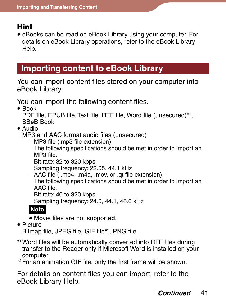 Importing content to ebook library, Hint | Sony 4-153-621-13(1) User Manual | Page 41 / 190