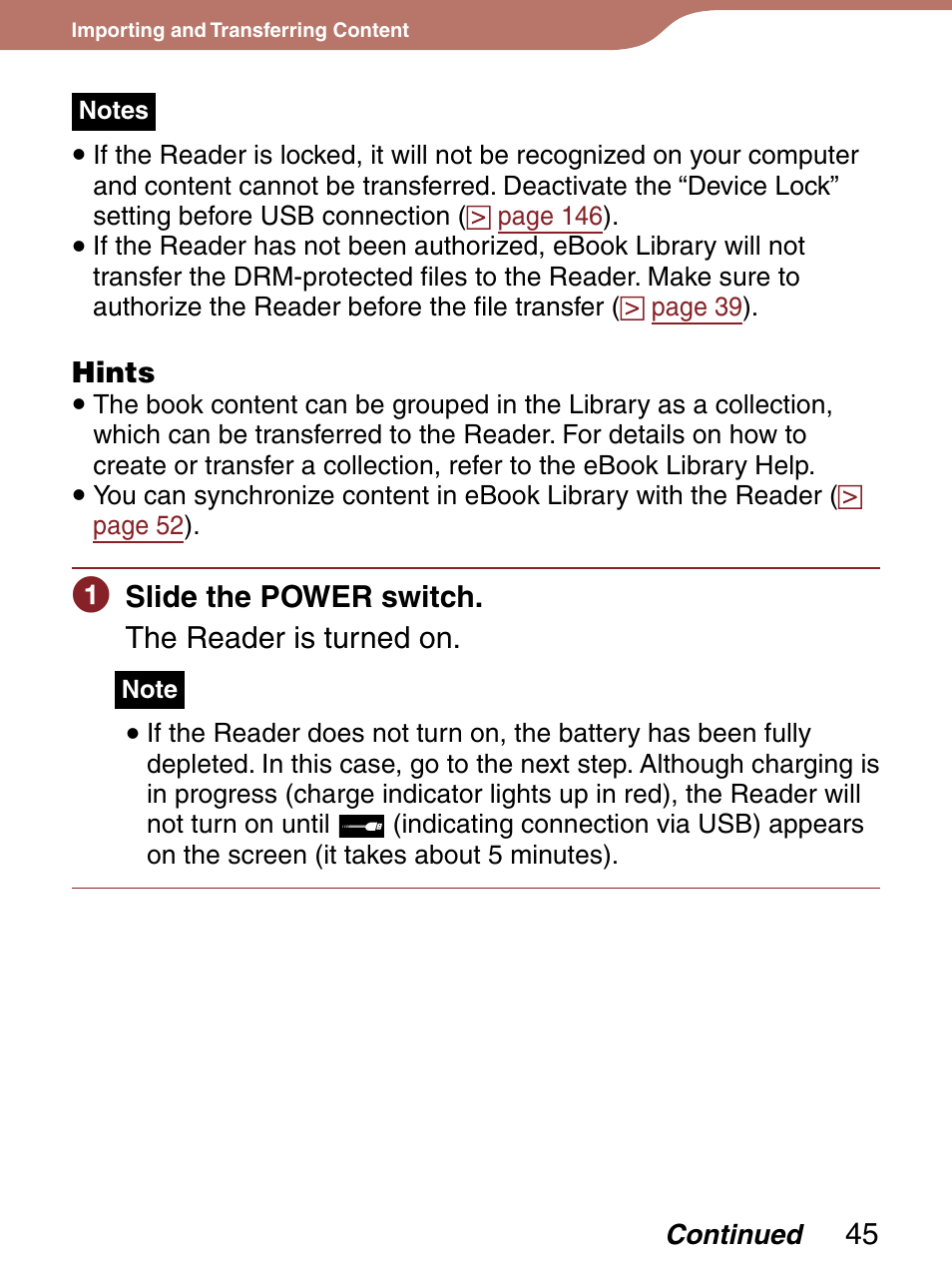 Slide the power switch. the reader is turned on | Sony 4-153-621-13(1) User Manual | Page 45 / 190