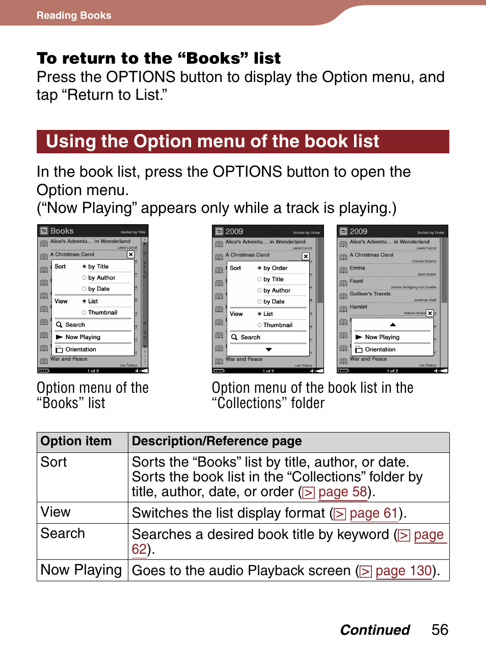 Using the option menu of the book list, Utton | Sony 4-153-621-13(1) User Manual | Page 56 / 190