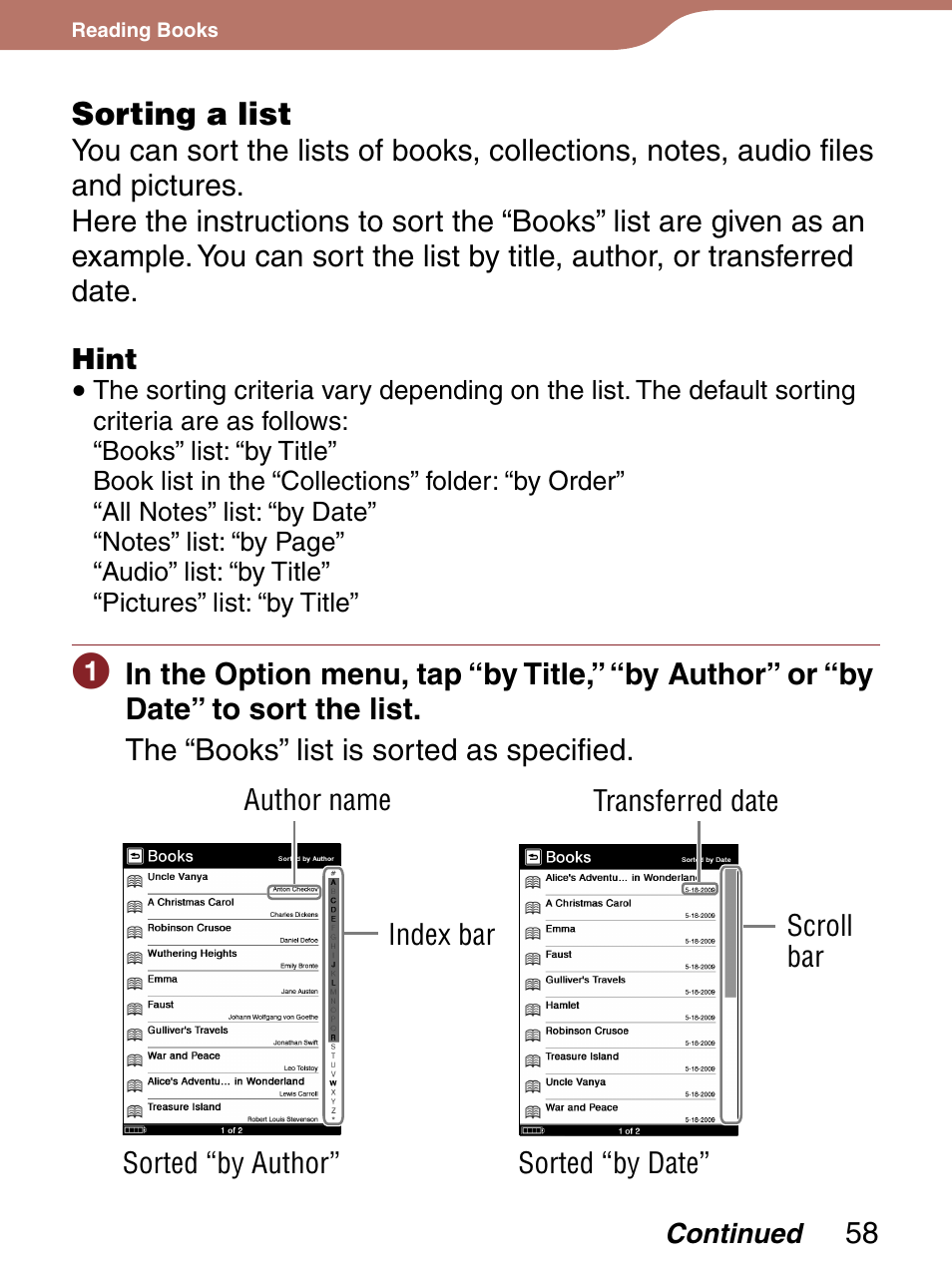 Sorting a list, Or order | Sony 4-153-621-13(1) User Manual | Page 58 / 190