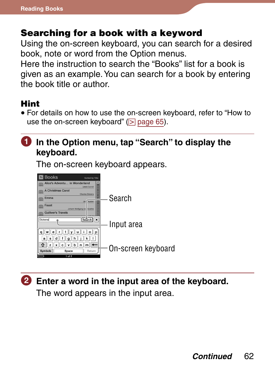 Searching for a book with a keyword, Title or author, Displa | Sony 4-153-621-13(1) User Manual | Page 62 / 190