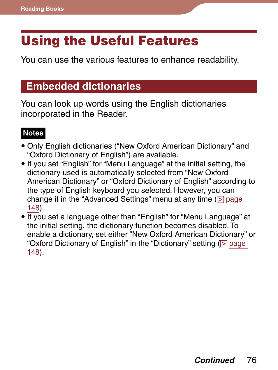 Using the useful features, Embedded dictionaries, Ords | From the pop-up men | Sony 4-153-621-13(1) User Manual | Page 76 / 190