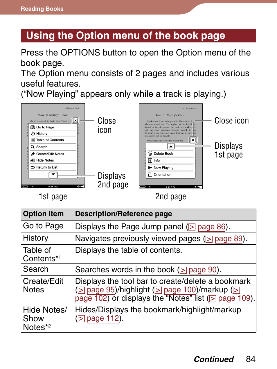 Using the option menu of the book page | Sony 4-153-621-13(1) User Manual | Page 84 / 190