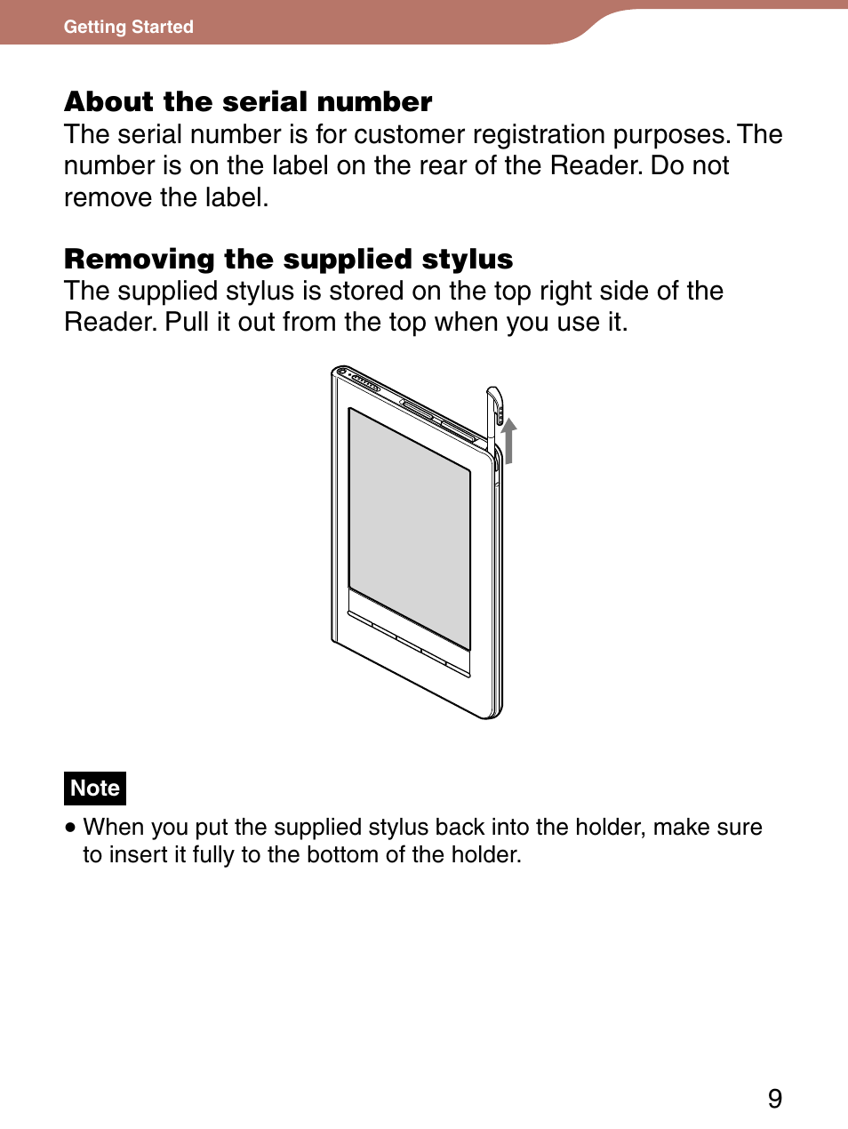 Screen, About the serial number, Removing the supplied stylus | Sony 4-153-621-13(1) User Manual | Page 9 / 190