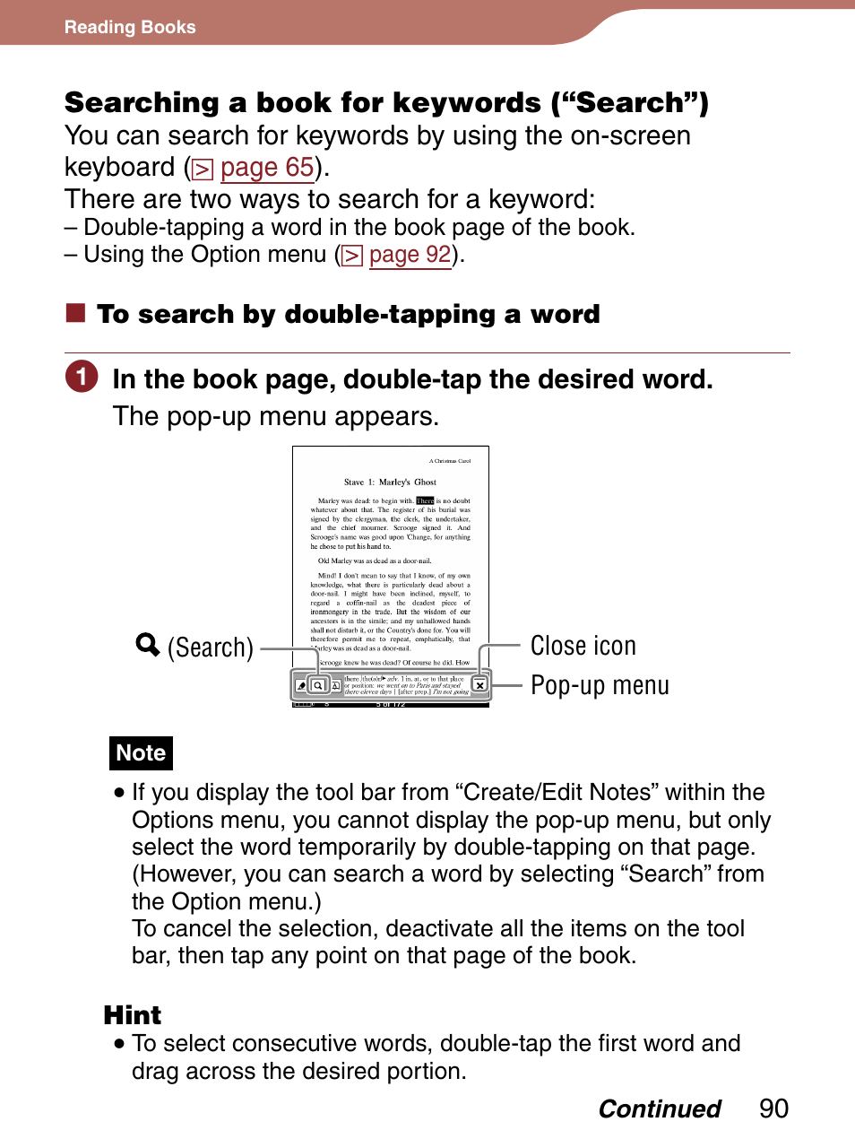 Searching a book for keywords (“search”), Or look, Ords in the book | Sony 4-153-621-13(1) User Manual | Page 90 / 190