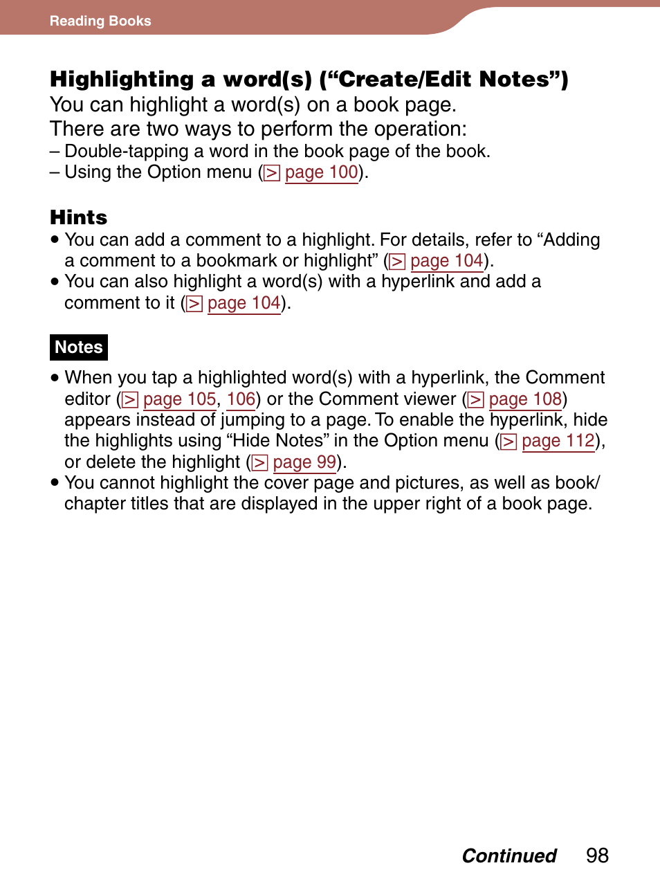 Highlighting a word(s) (“create/edit notes”), Er to | Sony 4-153-621-13(1) User Manual | Page 98 / 190