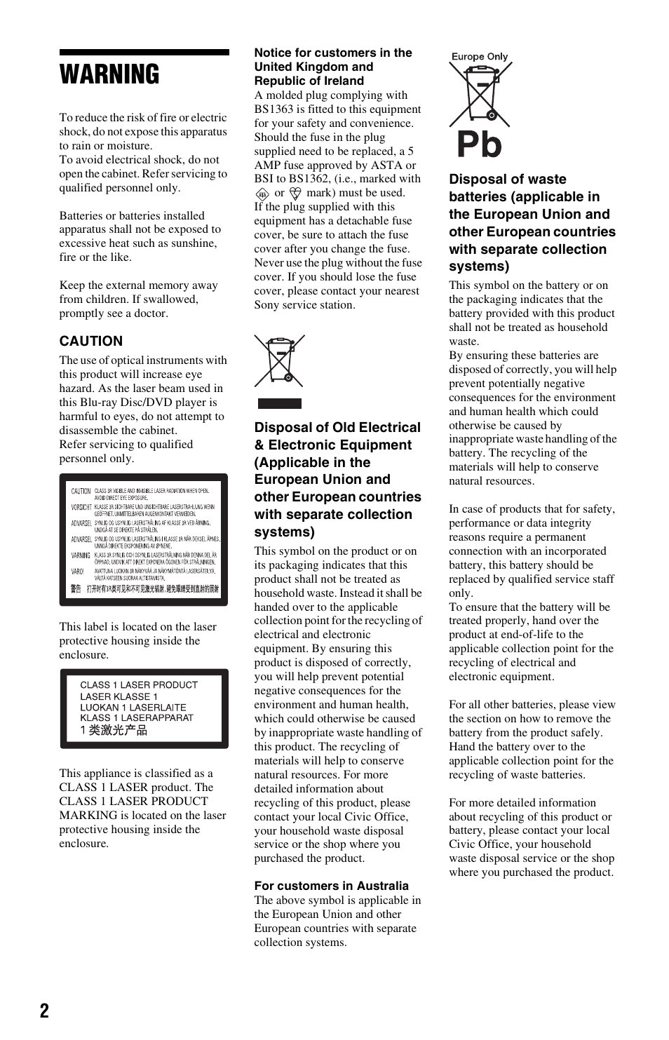 Warning | Sony 3-452-779-11(1) User Manual | Page 2 / 75