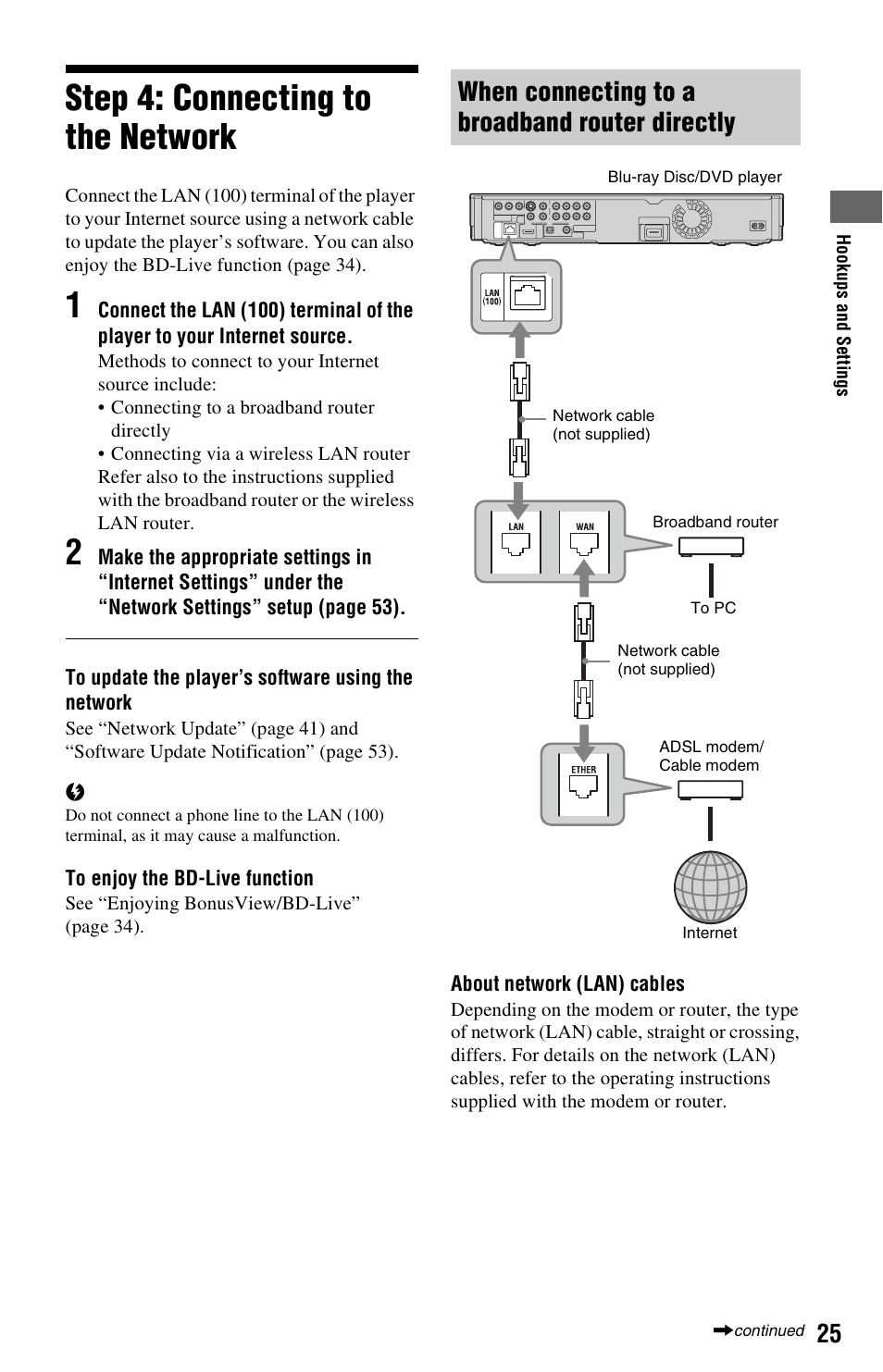 Step 4: connecting to the network, When connecting to a broadband router directly | Sony 3-452-779-11(1) User Manual | Page 25 / 75