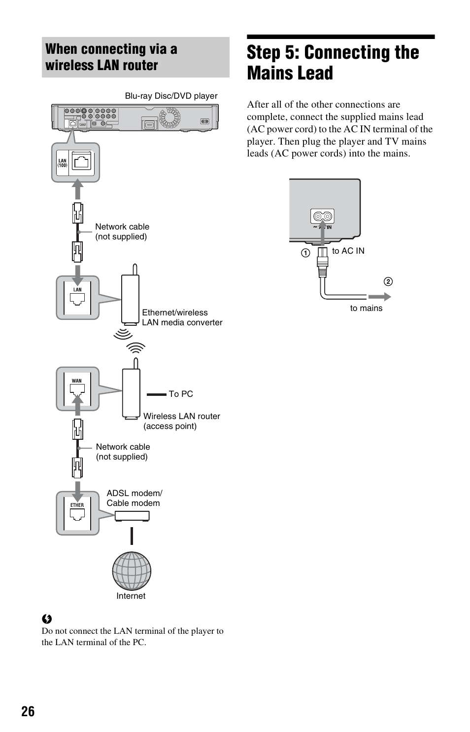 When connecting via a wireless lan router, Step 5: connecting the mains lead | Sony 3-452-779-11(1) User Manual | Page 26 / 75