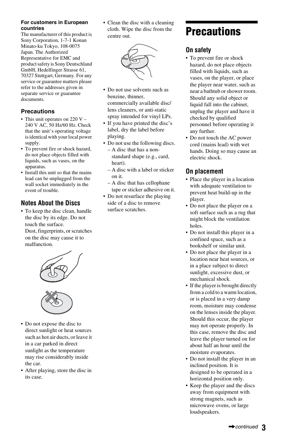 Precautions | Sony 3-452-779-11(1) User Manual | Page 3 / 75