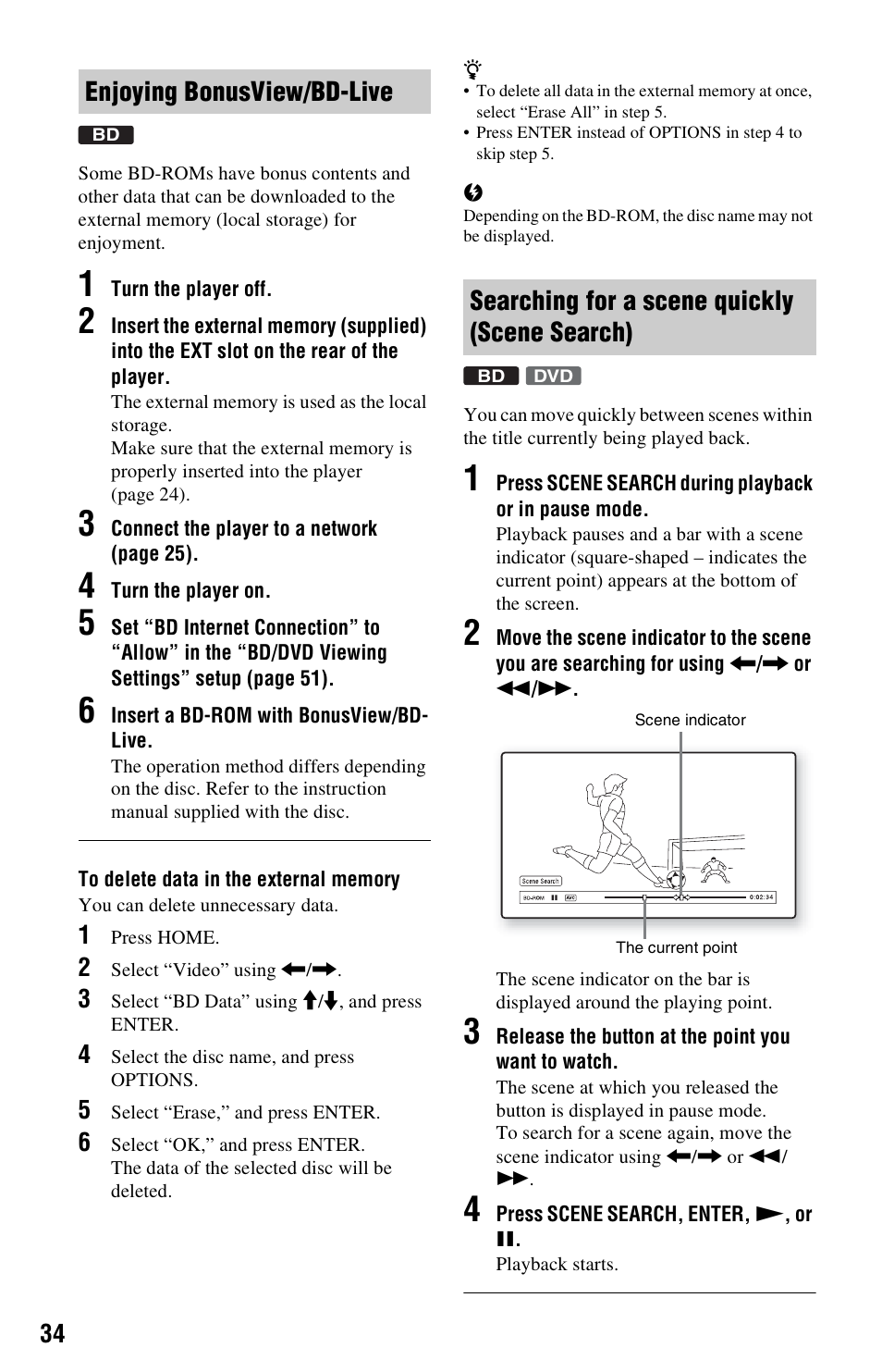Enjoying bonusview/bd-live, Searching for a scene quickly (scene search) | Sony 3-452-779-11(1) User Manual | Page 34 / 75