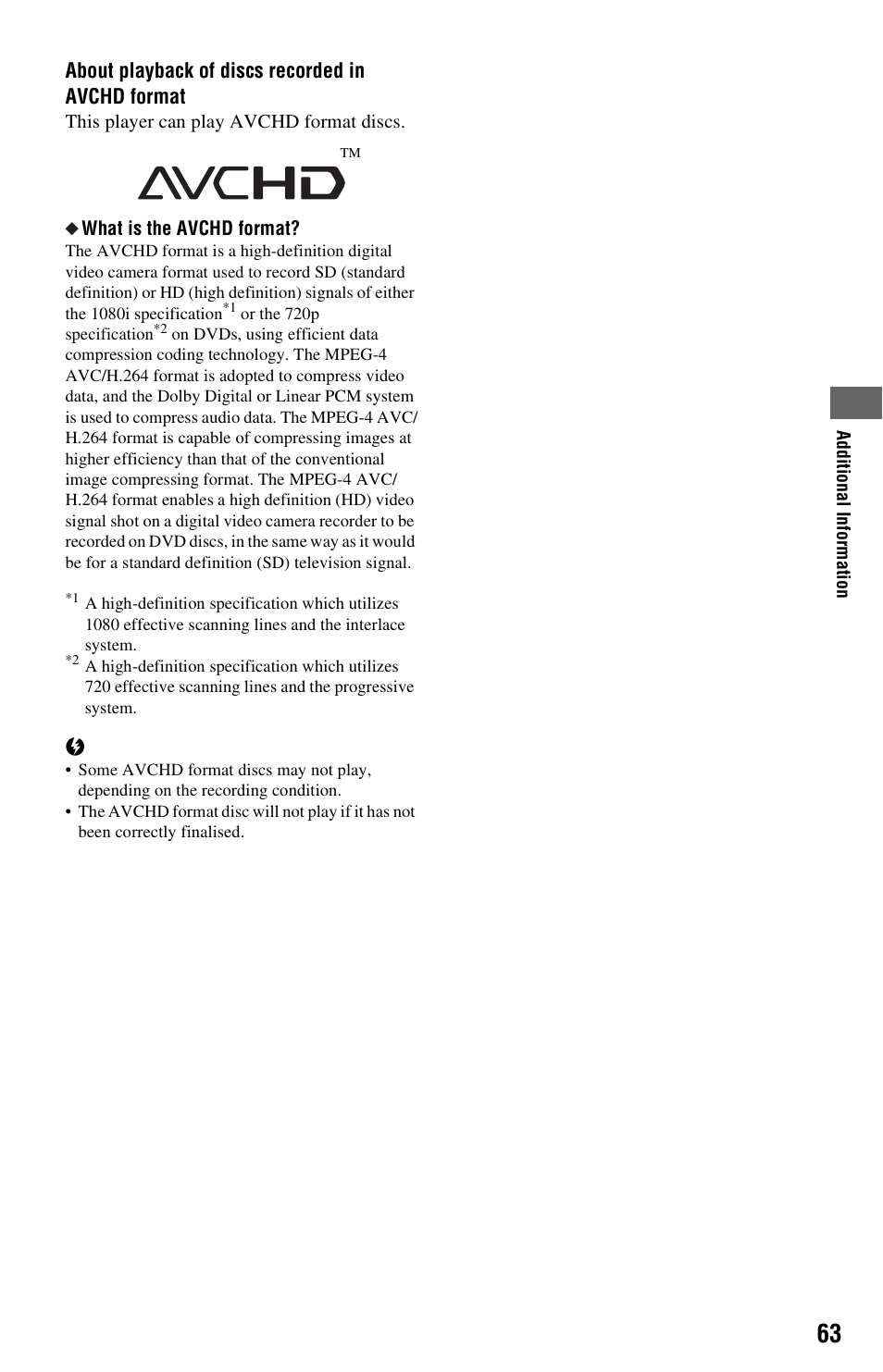 About playback of discs recorded in avchd format | Sony 3-452-779-11(1) User Manual | Page 63 / 75