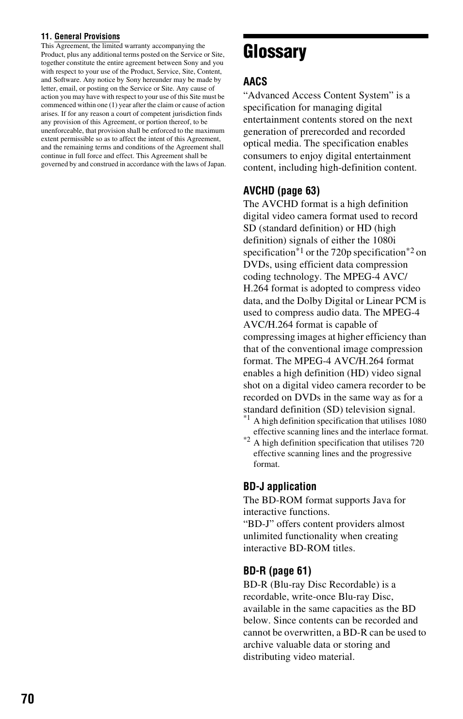 Glossary | Sony 3-452-779-11(1) User Manual | Page 70 / 75