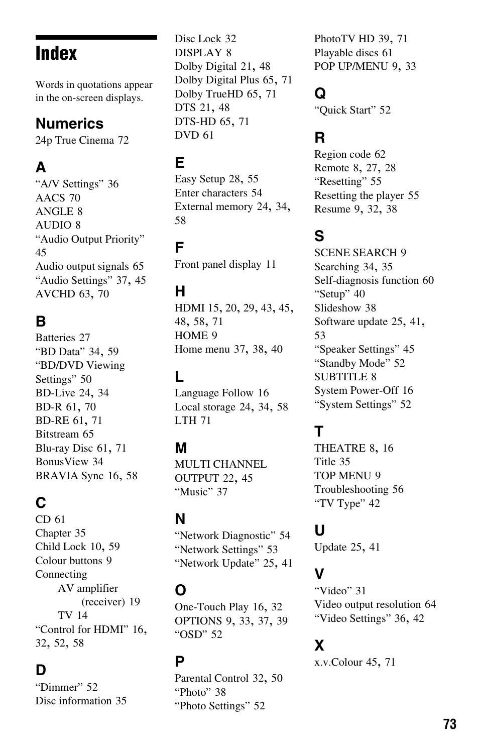 Index, Numerics | Sony 3-452-779-11(1) User Manual | Page 73 / 75
