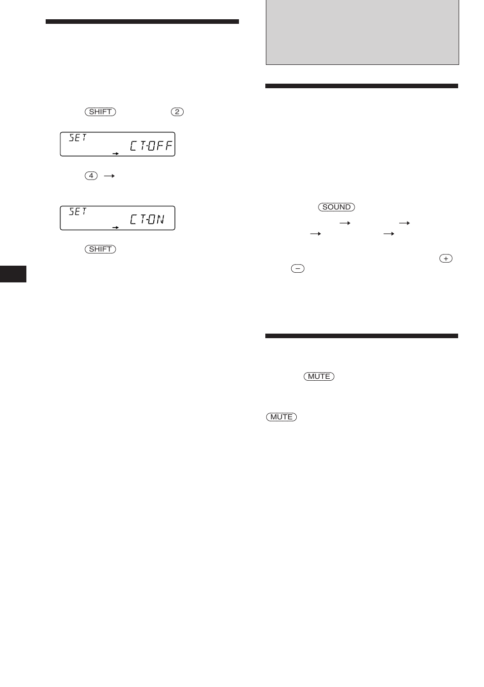 Other functions, Adjusting the sound characteristics, Muting the sound | Setting the clock automatically, Ctoff, Cton | Sony CDX-C560RDS User Manual | Page 12 / 104