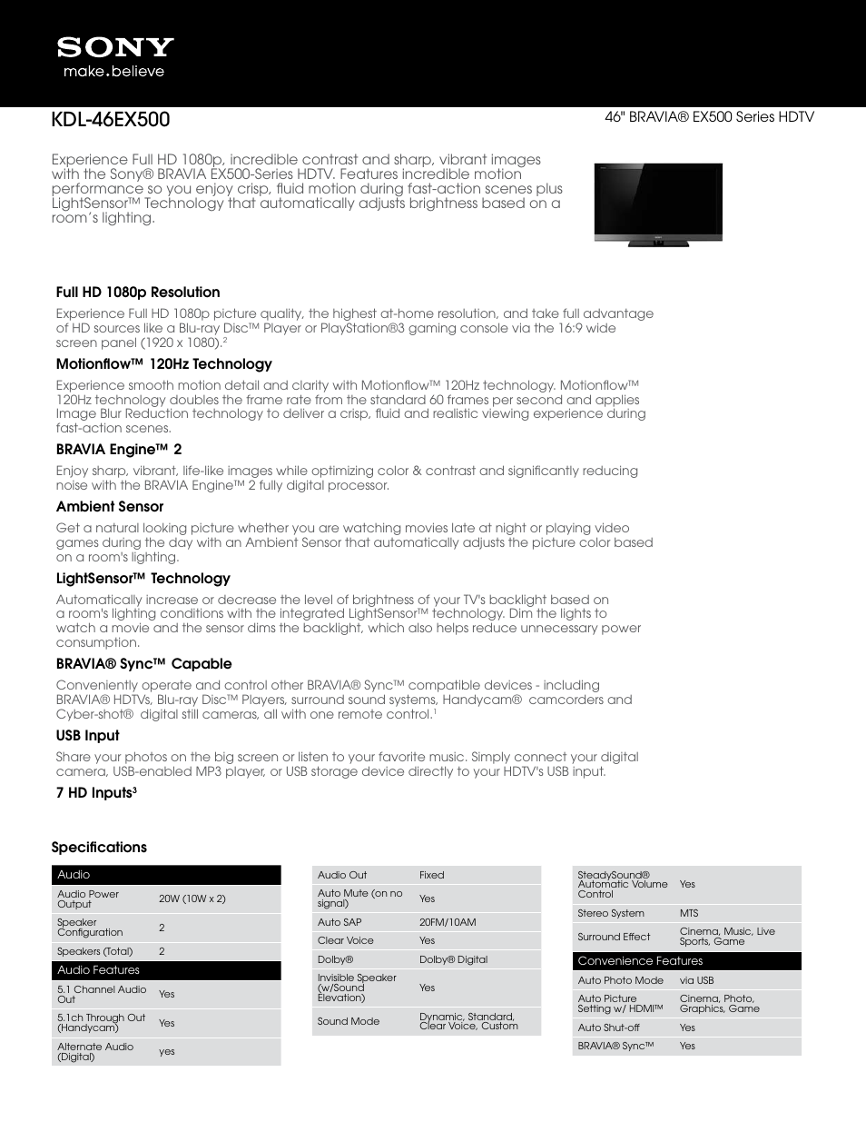 Sony BRAVIA KDL-46EX500 User Manual | 3 pages