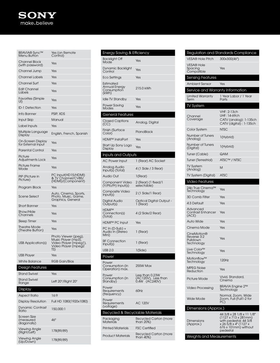 Sony BRAVIA KDL-46EX500 User Manual | Page 2 / 3