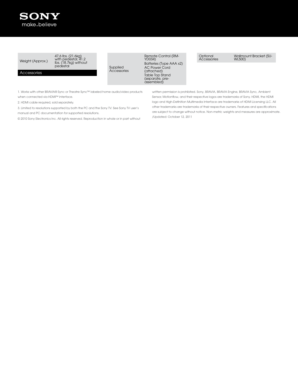 Sony BRAVIA KDL-46EX500 User Manual | Page 3 / 3
