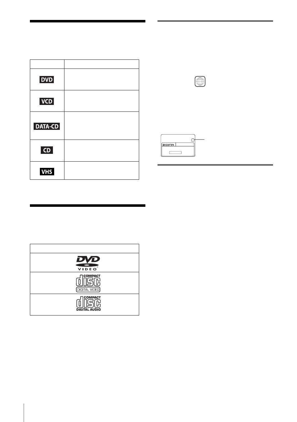 About this manual, This player can play the following discs, Region code | Example of discs that the player cannot play | Sony SLV-D900E User Manual | Page 6 / 116