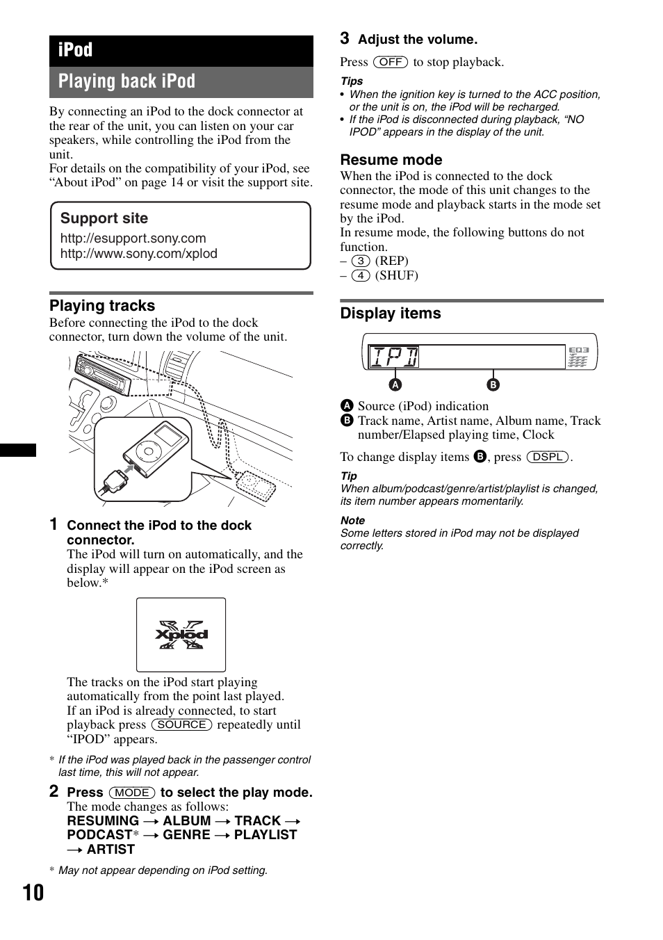 Ipod, Playing back ipod, Playing tracks | Display items, Playing tracks display items, Ipod playing back ipod, Resume mode, Support site | Sony CDX GT430IP User Manual | Page 10 / 60