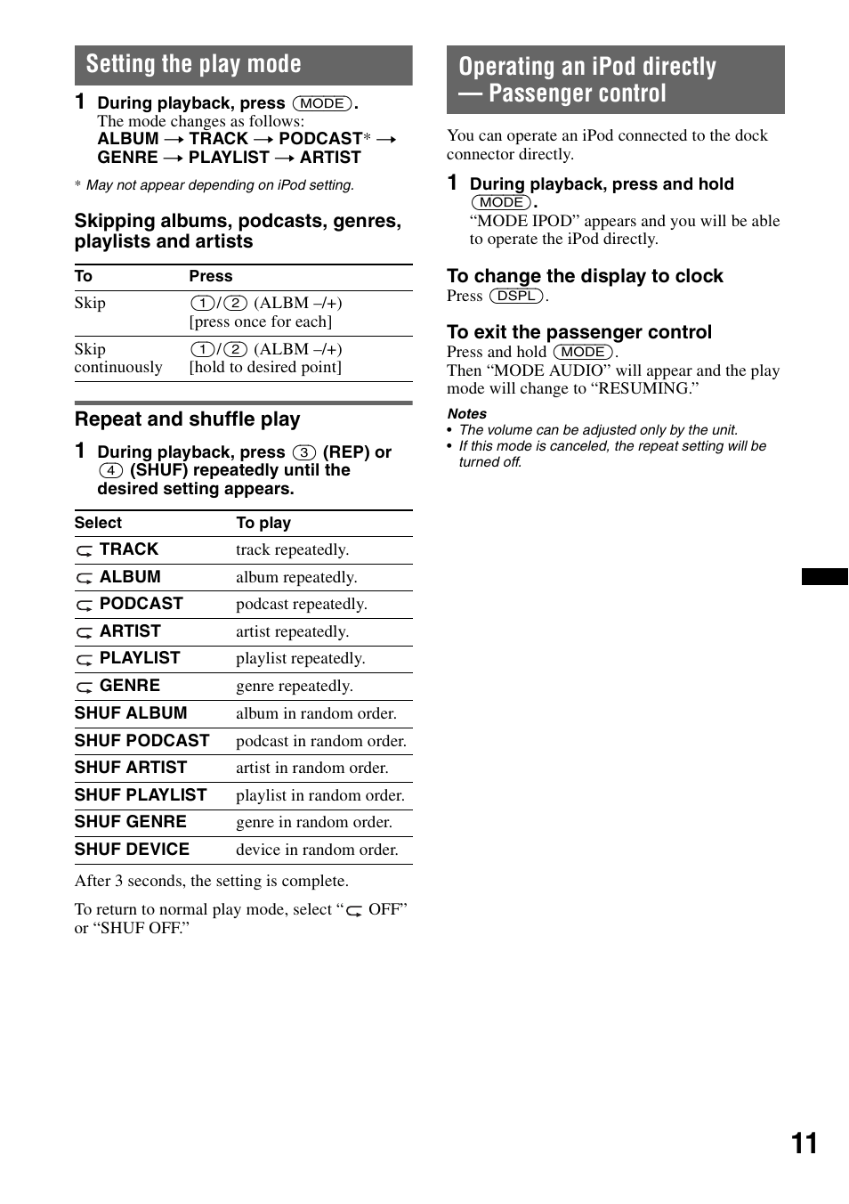 Setting the play mode, Repeat and shuffle play, Operating an ipod directly - passenger control | Operating an ipod directly — passenger control | Sony CDX GT430IP User Manual | Page 11 / 60