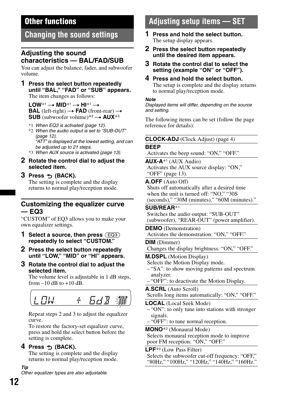 Other functions, Changing the sound settings, Adjusting the sound characteristics - bal/fad/sub | Customizing the equalizer curve - eq3, Adjusting setup items - set, Adjusting setup items — set, Other functions changing the sound settings | Sony CDX GT430IP User Manual | Page 12 / 60