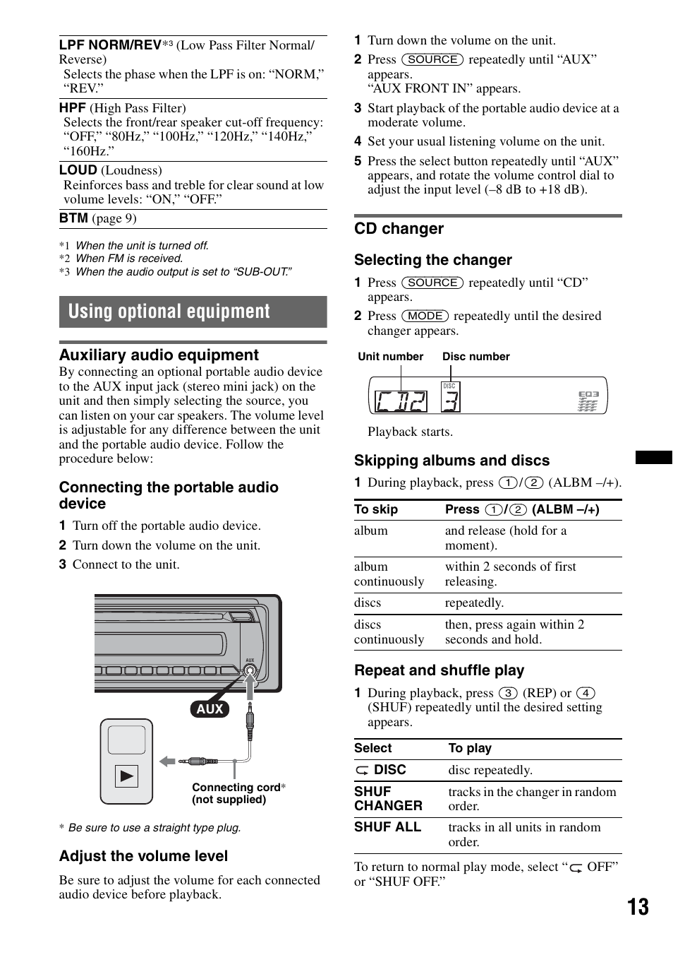 Using optional equipment, Auxiliary audio equipment, Cd changer | Auxiliary audio equipment cd changer | Sony CDX GT430IP User Manual | Page 13 / 60