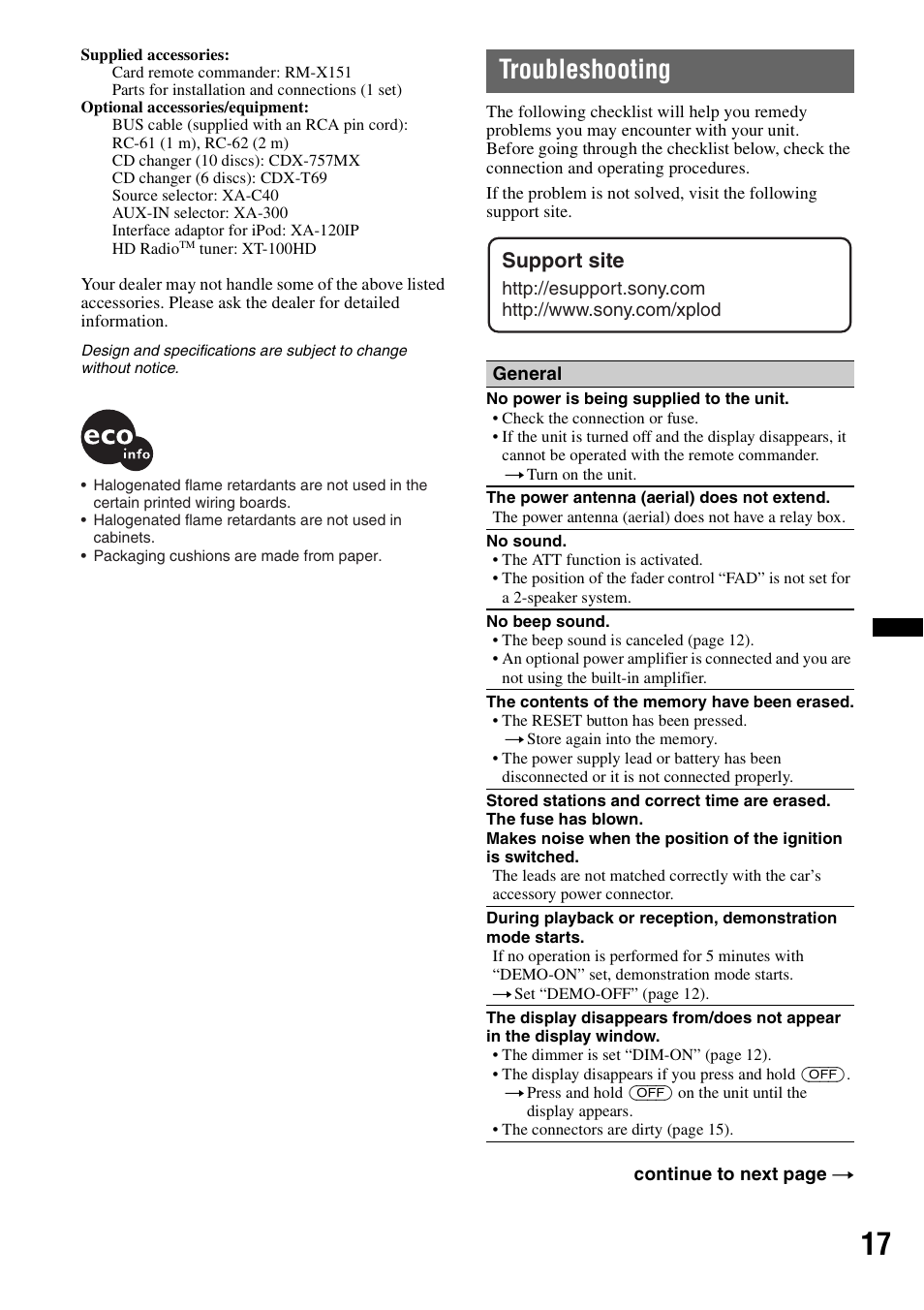 Troubleshooting, Support site | Sony CDX GT430IP User Manual | Page 17 / 60