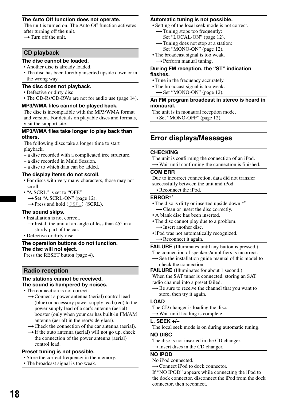 Error displays/messages | Sony CDX GT430IP User Manual | Page 18 / 60