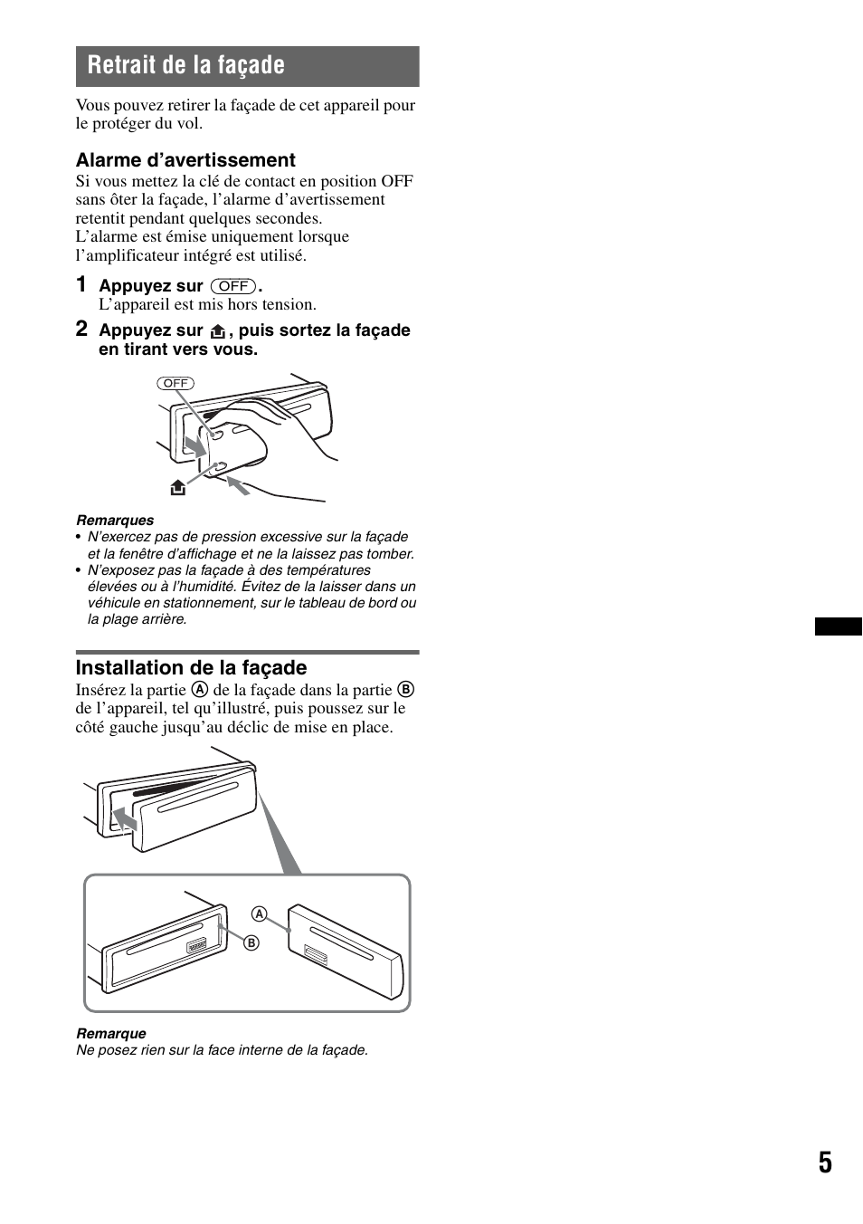 Retrait de la façade, Installation de la façade | Sony CDX GT430IP User Manual | Page 23 / 60