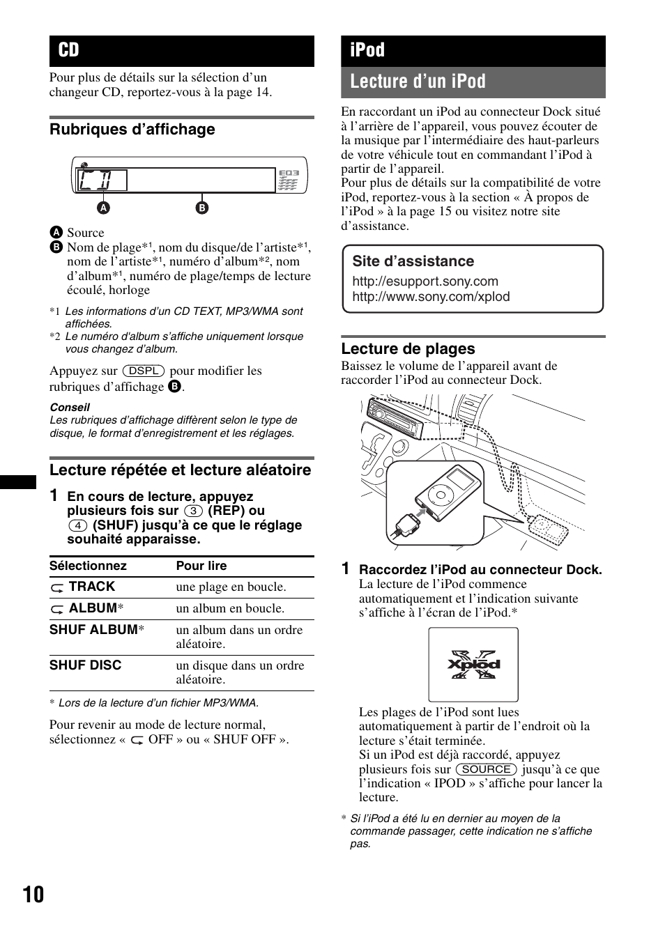 Rubriques d’affichage, Lecture répétée et lecture aléatoire, Ipod | Lecture d’un ipod, Lecture de plages, Ipod lecture d’un ipod, Site d’assistance | Sony CDX GT430IP User Manual | Page 28 / 60