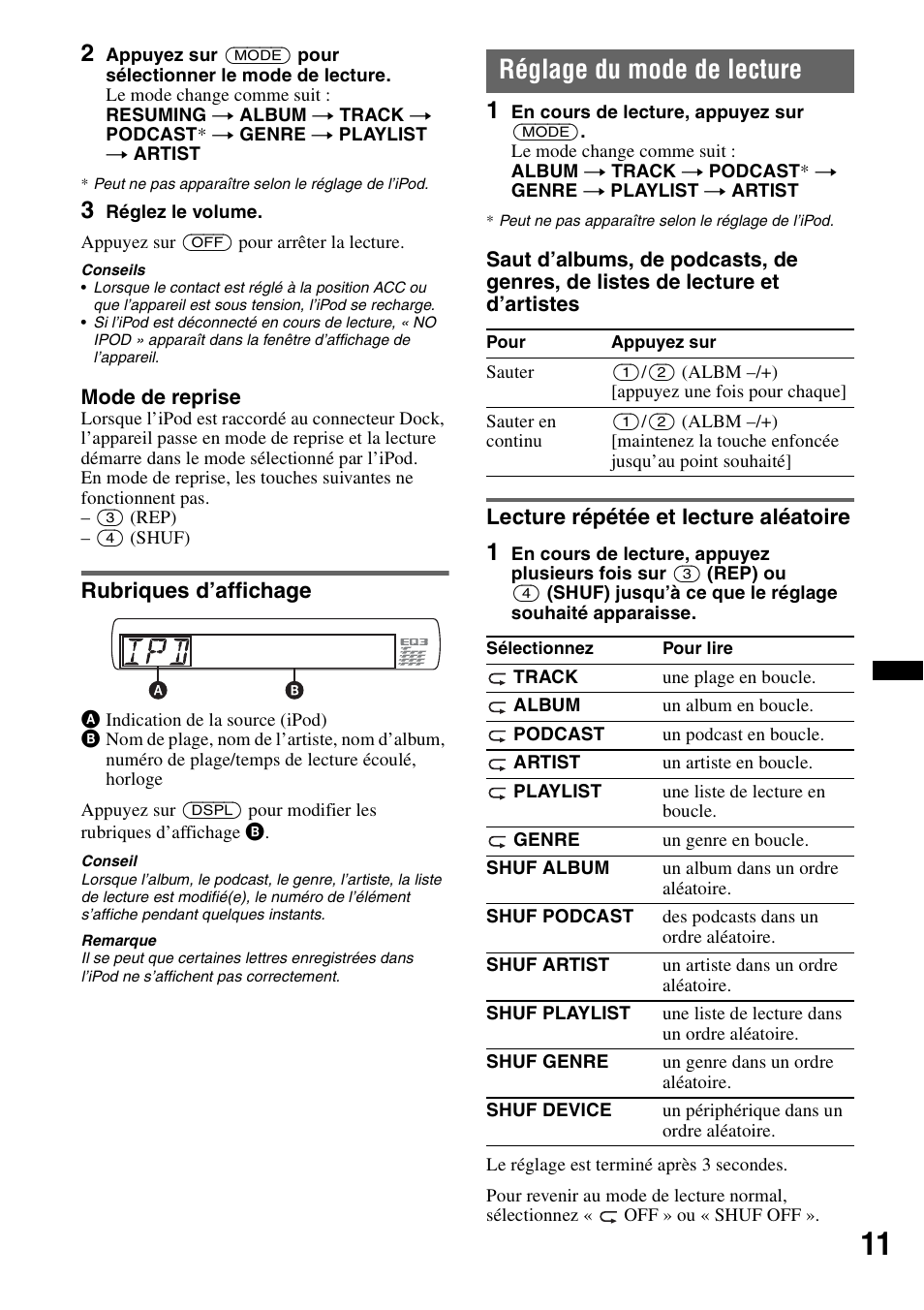 Rubriques d’affichage, Réglage du mode de lecture, Lecture répétée et lecture aléatoire | Sony CDX GT430IP User Manual | Page 29 / 60