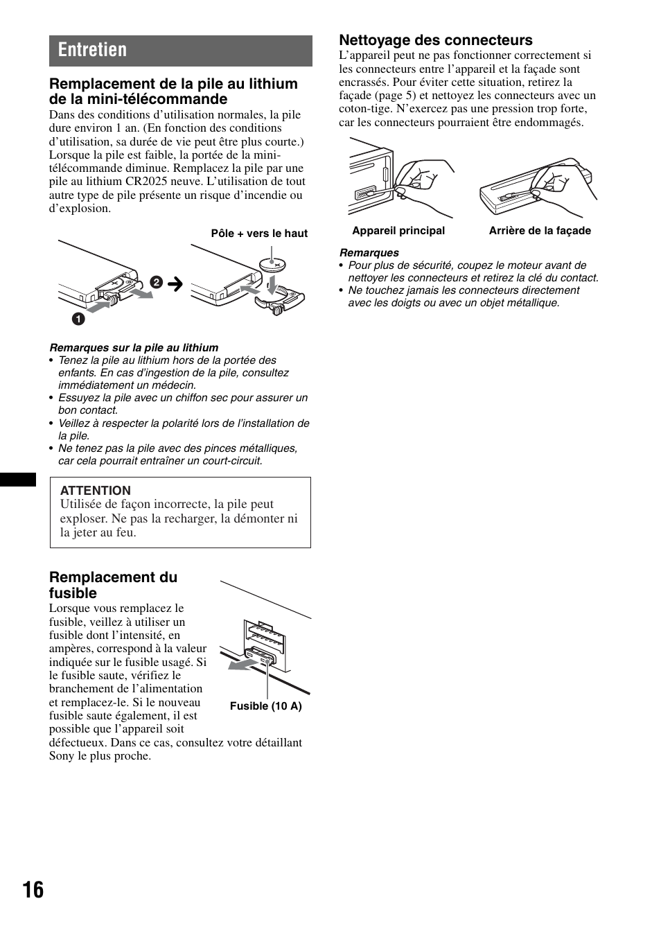 Entretien | Sony CDX GT430IP User Manual | Page 34 / 60