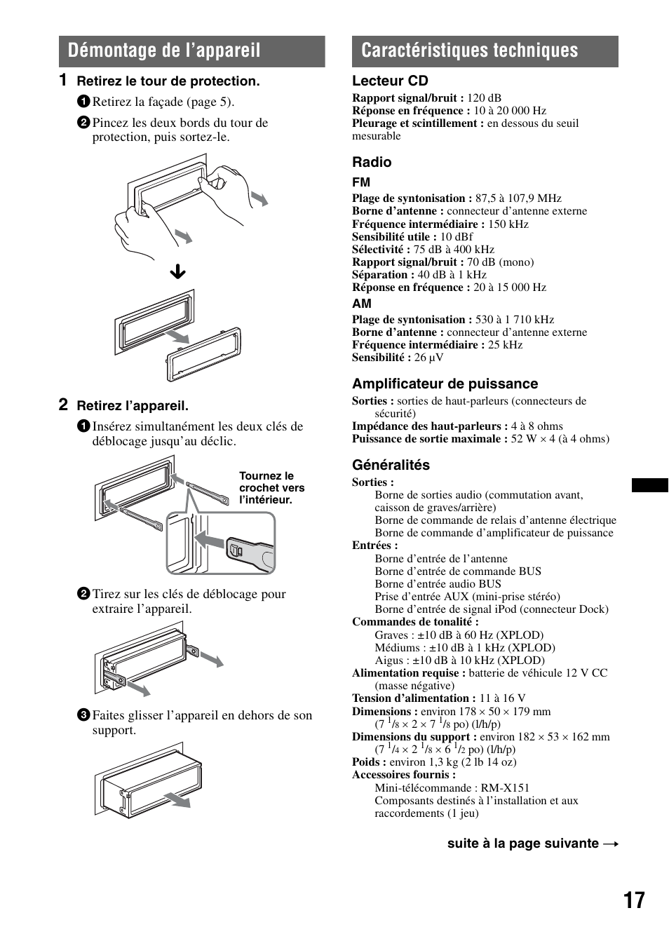 Démontage de l’appareil, Caractéristiques techniques | Sony CDX GT430IP User Manual | Page 35 / 60
