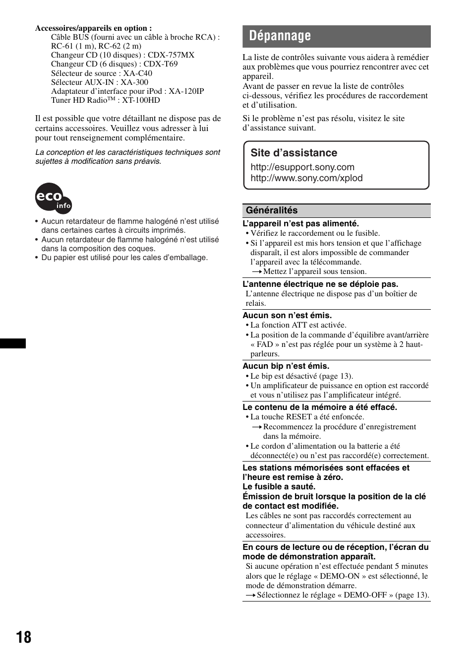 Dépannage, Site d’assistance | Sony CDX GT430IP User Manual | Page 36 / 60