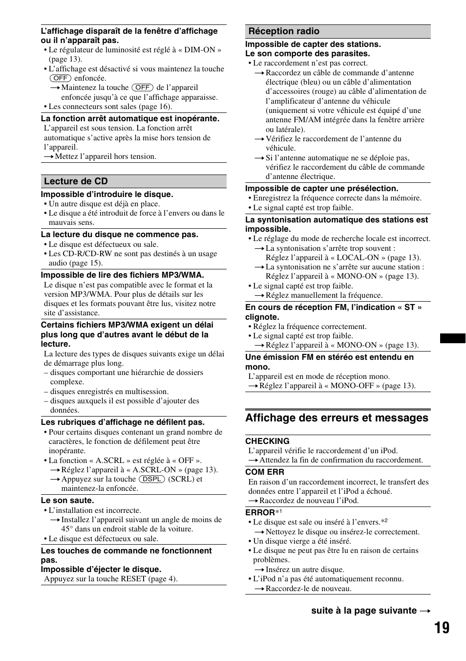 Affichage des erreurs et messages | Sony CDX GT430IP User Manual | Page 37 / 60