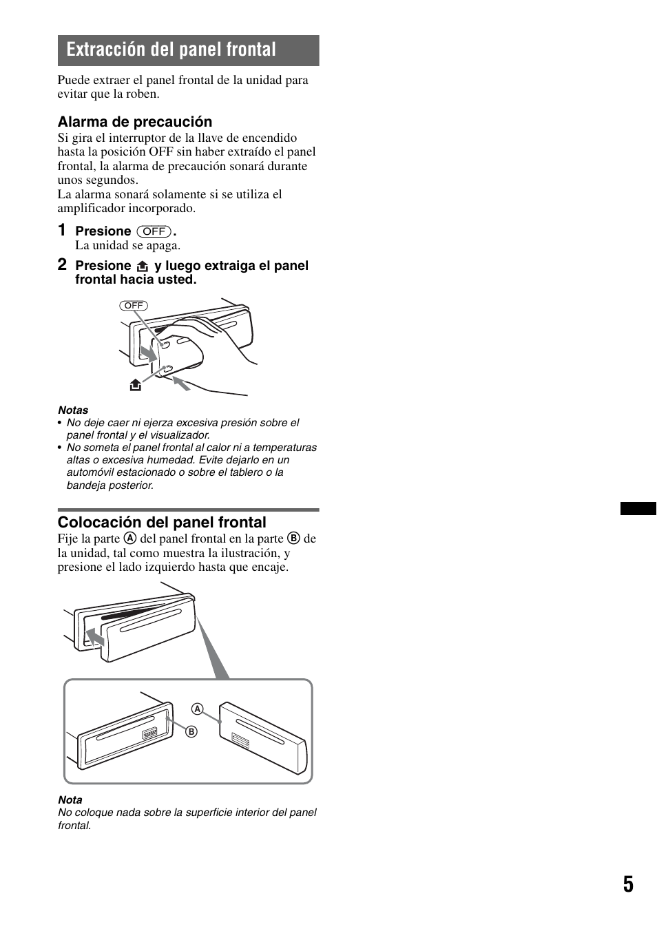 Extracción del panel frontal, Colocación del panel frontal | Sony CDX GT430IP User Manual | Page 43 / 60